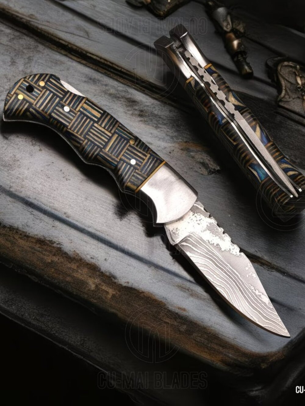 New Handmade Damascus Folding Knife with Leather Sheath